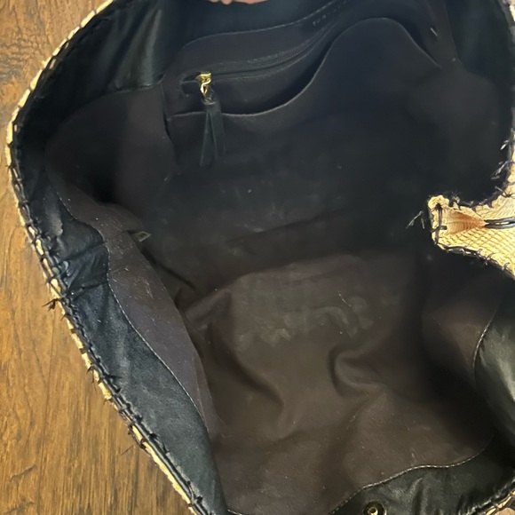 Tory Burch Black Floral Leather on Tan Tote - Picture 8 of 9